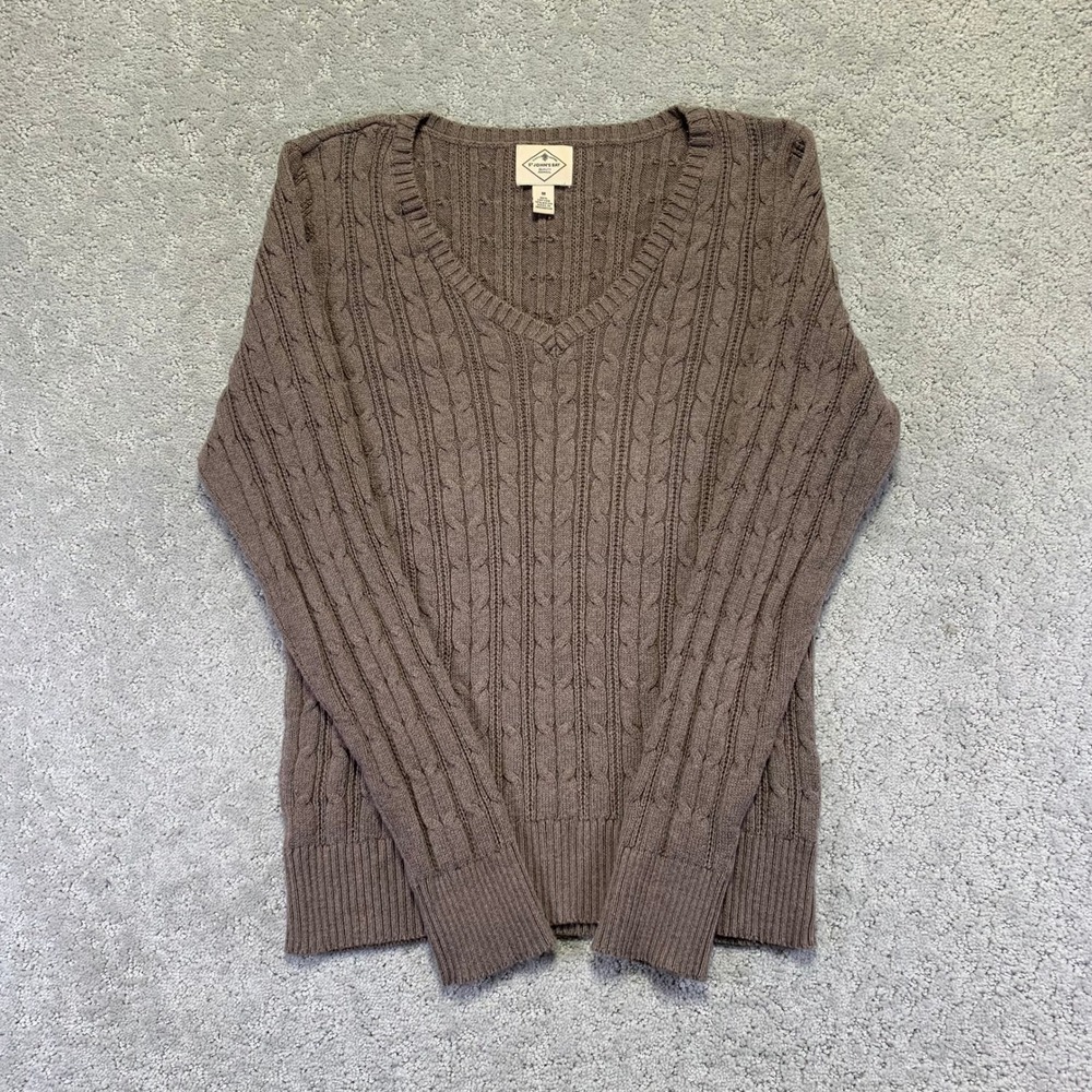 St Johns Bay Sweater Womens Medium Brown Cable Knit V-Neck Cotton Nylon Pullover